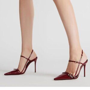 YDN Burgundy Pointy Toe Strappy Slingback Pumps Buckle Up High Heels Shoes